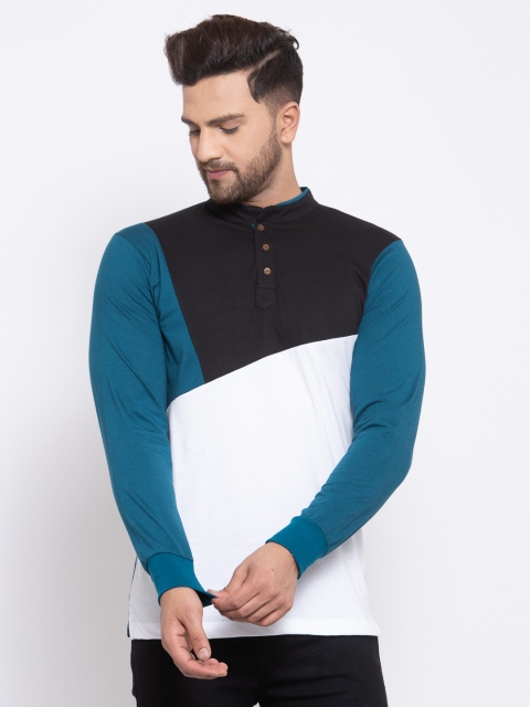 

Kalt Men Teal Blue & White Colourblocked Tshirt