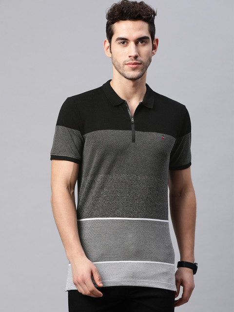 

Louis Philippe Jeans Men Charcoal Grey & Black Striped Spread Collar T-shirt