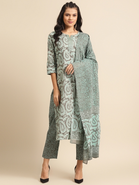 

Prakrti Women Grey & Green Hand Block Print Pure Cotton Kurta with Trousers & Dupatta