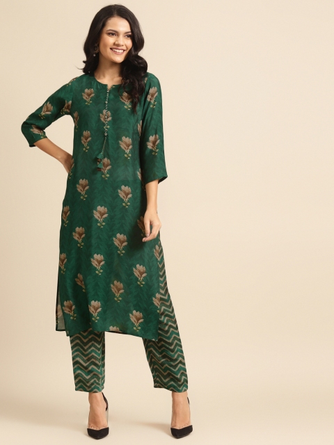 

Prakrti Women Green & Brown Foil Printed Kurta with Trousers