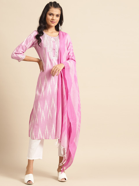 

Prakrti Women Pink & White Ikat Printed Pure Cotton Kurta with Trousers & Dupatta