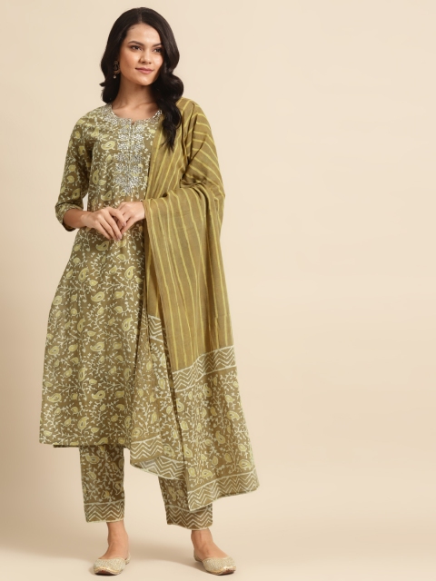 

Prakrti Women Olive Green & Off-White Hand Block Dabu Print Kurta & Palazzos & Dupatta