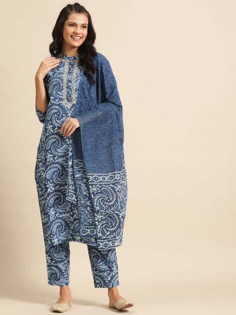 

Prakrti Women Navy Blue & Off-White Handblock Dabu Print Kurta with Trousers & Dupatta