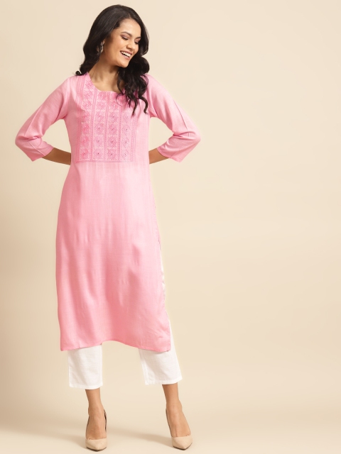 

Prakrti Women Pink & White Embroidered Kurta with Solid Trousers