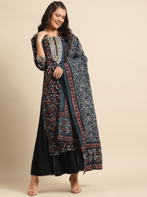 

Prakrti Women Navy Blue & Maroon Printed Pure Cotton Kurta with Palazzos & Dupatta