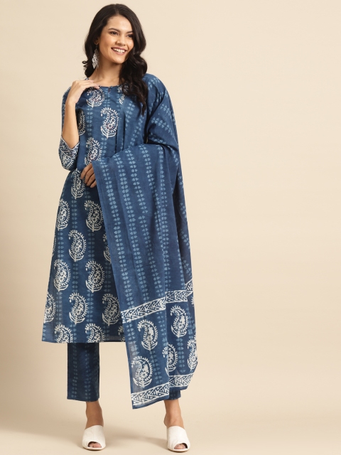 

Prakrti Women Navy Blue & White Dabu Hand Block Print Kurta with Trousers & Dupatta