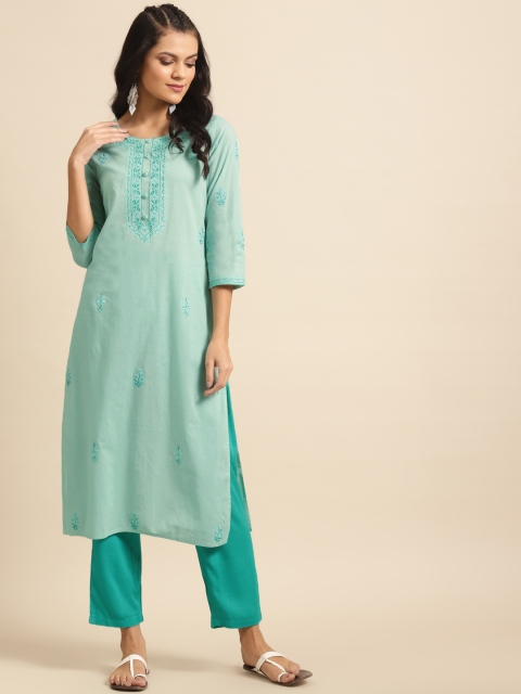 

Prakrti Women Sea Green Embroidered Kurta with Trousers