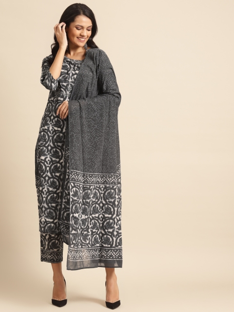 

Prakrti Women Charcoal Grey & Off-White Dabu Hand Block Print Kurta Set