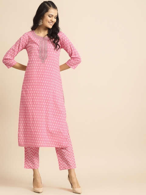 

Prakrti Women Pink & White Printed Pure Cotton Kurta with Trousers