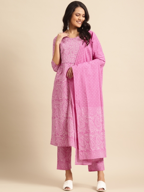 

Prakrti Women Pink & Off-White Dabu Hand Block Print Kurta with Trousers & Dupatta