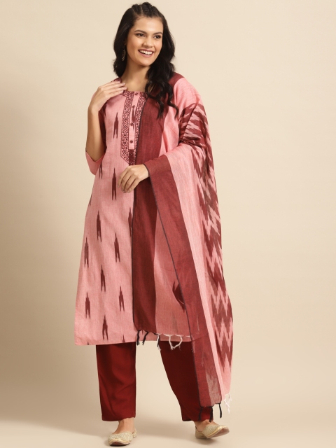

Prakrti Women Pink & Maroon Ikat Printed Pure Cotton Kurta with Trousers & Dupatta