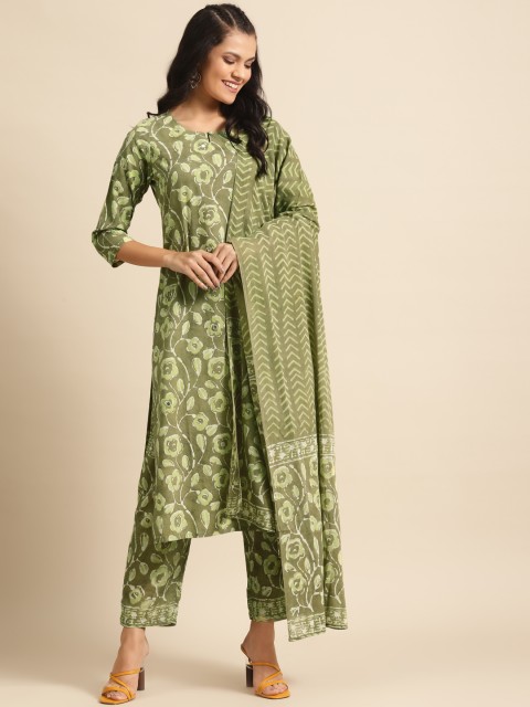 

Prakrti Women Green Hand Block Dabu Printed Pure Cotton Kurta with Trousers & Dupatta