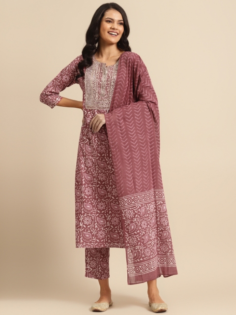 

Prakrti Women Mauve & Off-White Dabu Hand Block Print Kurta Set