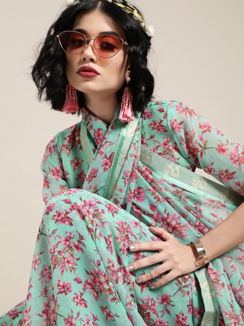 

Saree mall Sea Green & Pink Printed Bagru Saree