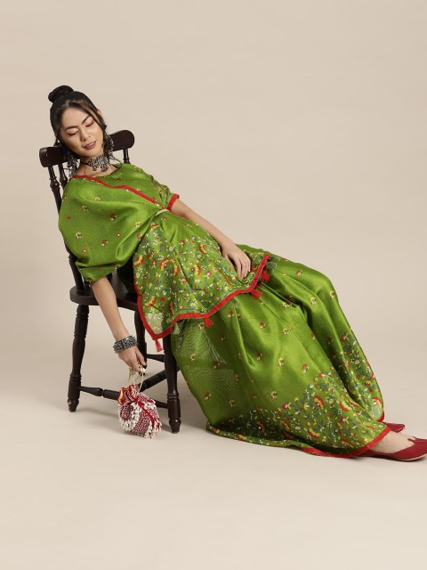 

Saree mall Green & Red Floral Block Print Saree with Mirror Work