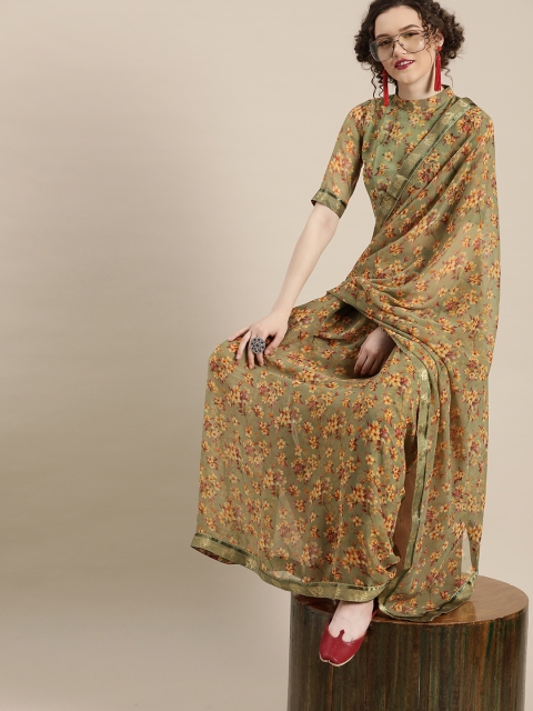 

Saree mall Olive Green & Yellow Pure Georgette Floral Print Bagru Saree