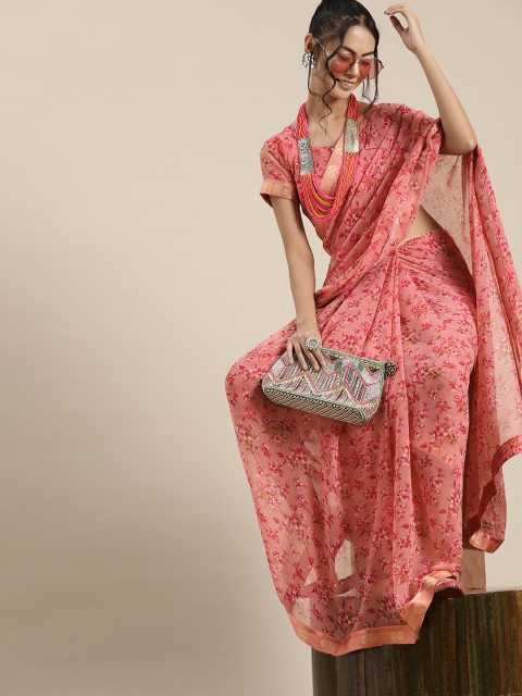 

Saree mall Pink & Green Pure Georgette Floral Print Bagru Saree