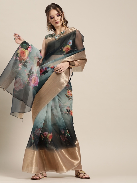 

Saree mall Green & Teal Floral Block Print Saree