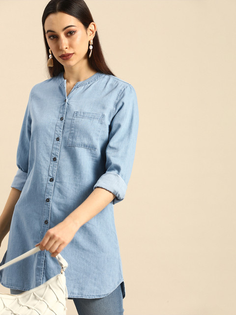 

all about you Blue Mandarin Collar Indigo Chambray Shirt Style Longline Top
