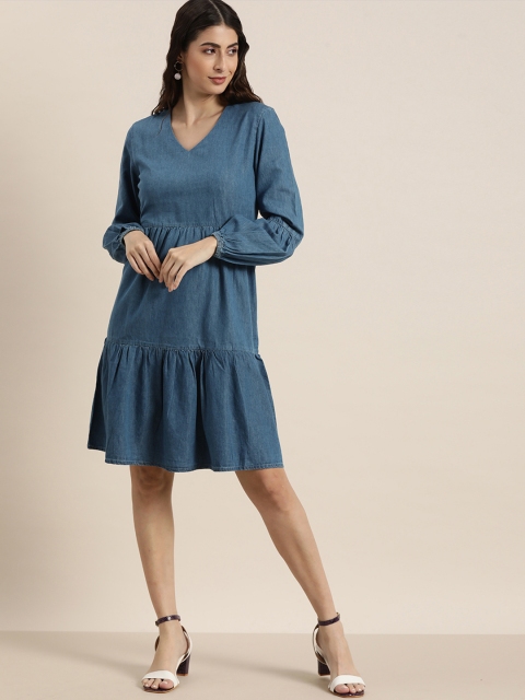 

all about you Women Blue Solid Tiered Denim Dress