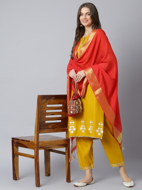 

Khushal K Women Yellow & Red Yoke Design Kurta with Trousers & Dupatta