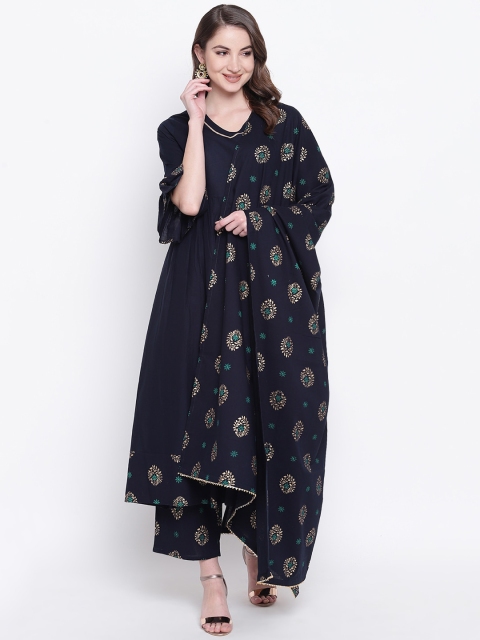 

Khushal K Women Navy Blue Solid Kurta with Palazzos & Dupatta