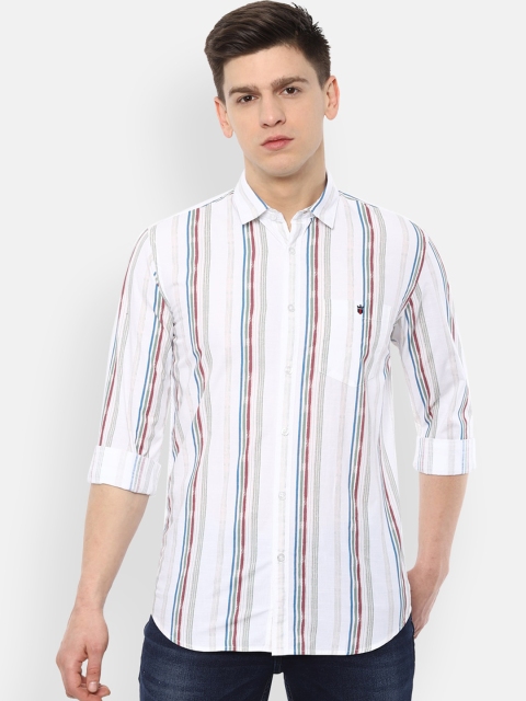 

Louis Philippe Jeans Men White & Maroon Slim Fit Striped Pure Cotton Casual Shirt