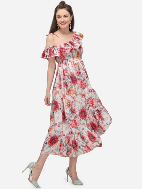 

Mesmora Women White floral Printed Fit and Flare Dress