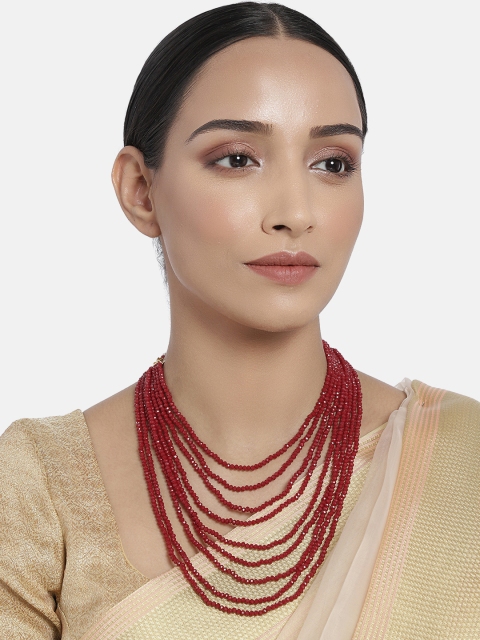 

I Jewels Maroon & Gold-Plated Beaded Handcrafted Layered Necklace