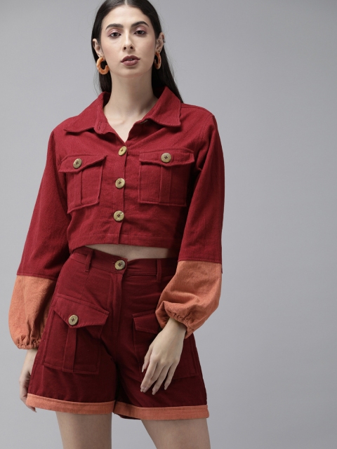 

The Dry State Women Maroon Colourblocked Shirt with Shorts