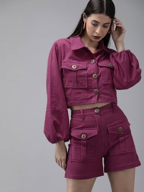 

The Dry State Women Purple Solid Corduroy Shirt with Shorts