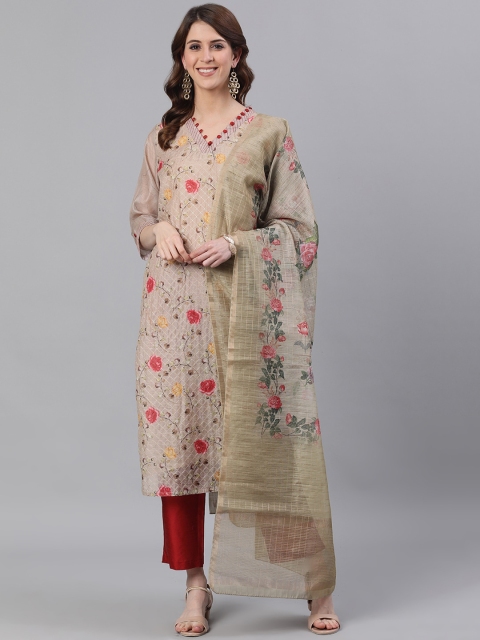 

Jaipur Kurti Women Grey & Red Printed Kurta with Trousers & Dupatta