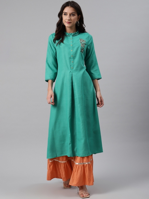 

MISRI Women Green & Orange Solid Kurta with Skirt