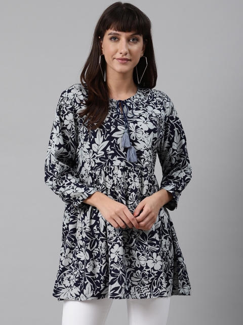 

MISRI Blue Floral Printed Tie-Up Neck A-Line Longline Top