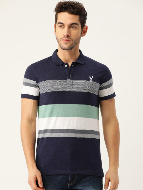 

PORTBLAIR Men Navy Blue & White Striped Polo Collar T-shirt