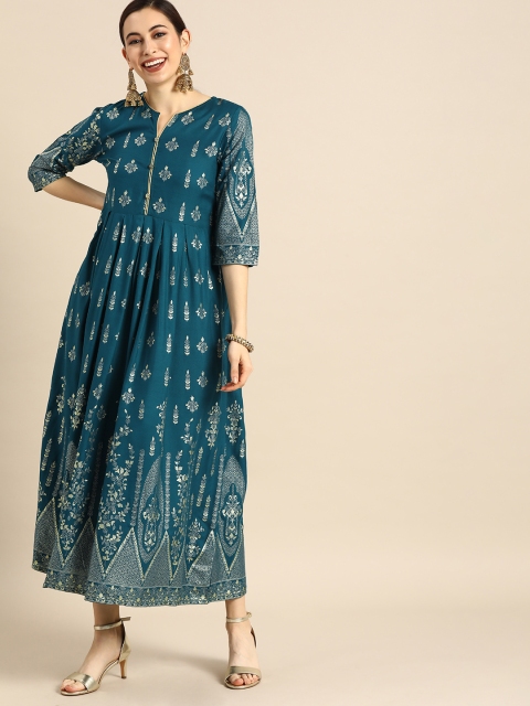 

Anouk Women Teal Blue & Gold-Toned Foil Printed A-Line Dress