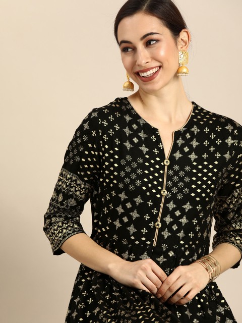 

Anouk Women Black & Gold-Toned Foil Printed A-Line Dress