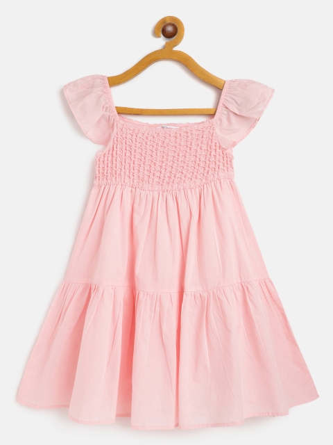 

Marks & Spencer Girls Peach-Coloured Solid Pure Cotton Tiered A-Line Dress with Smocking