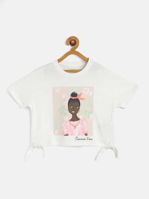 

Marks Spencer Girls White Brown Graphic Print Pure Cotton T-shirt with Tie-ups