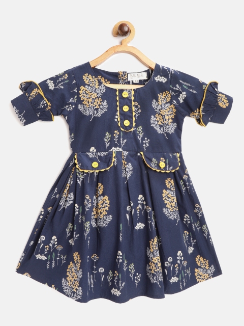 

Bella Moda Girls Navy Blue & Yellow Floral Print A-Line Dress with Tie-ups