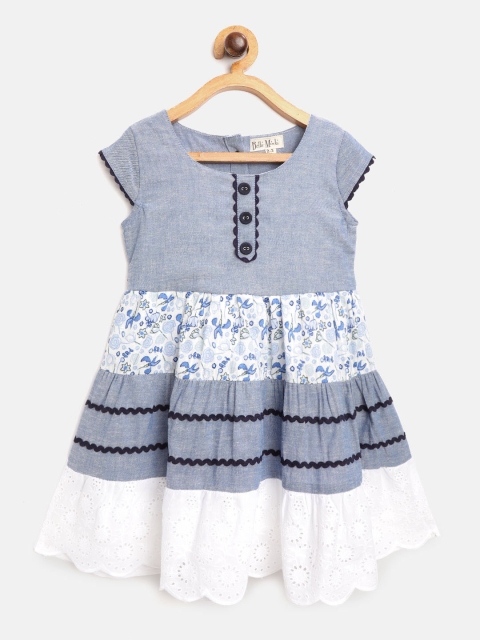 

Bella Moda Girls Blue & White Floral Print & Schiffli Embroidered Fit & Flare Dress