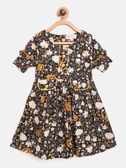 

Bella Moda Girls Navy Blue & Mustard Yellow Floral Print Fit and Flare Dress with Tie-ups