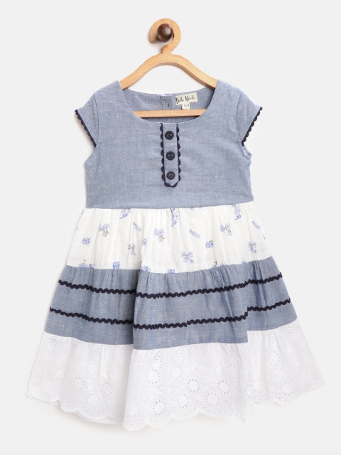 

Bella Moda Girls Blue & White Floral Print & Schiffli Embroidered Fit & Flare Dress