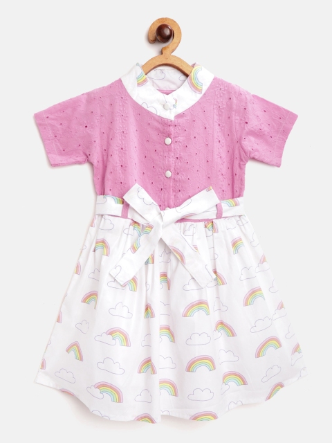 

Bella Moda Girls Pink & White Rainbow Print & Schiffli Embroidered Fit and Flare Dress