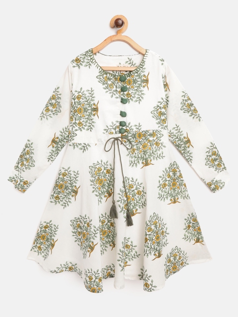 

Bella Moda Girls White & Green Floral Print A-Line Dress with Tie-ups