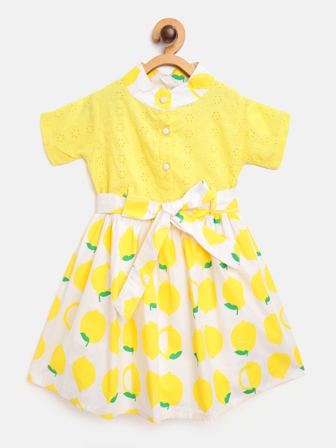 

Bella Moda Girls Yellow & White Lemon Print & Schiffli Embroidered Fit and Flare Dress