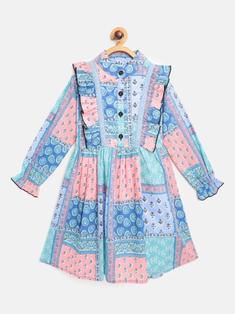 

Bella Moda Girls Blue & Sea Green Ethnic Motifs Printed A-Line Dress with Ruffles