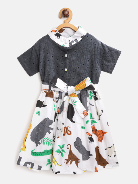 

Bella Moda Girls Charcoal Grey & White Animals Print & Embroidered Fit and Flare Dress