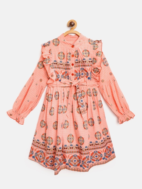 

Bella Moda Girls Coral Pink & Blue Ethnic Motifs Printed A-Line Dress with Belt