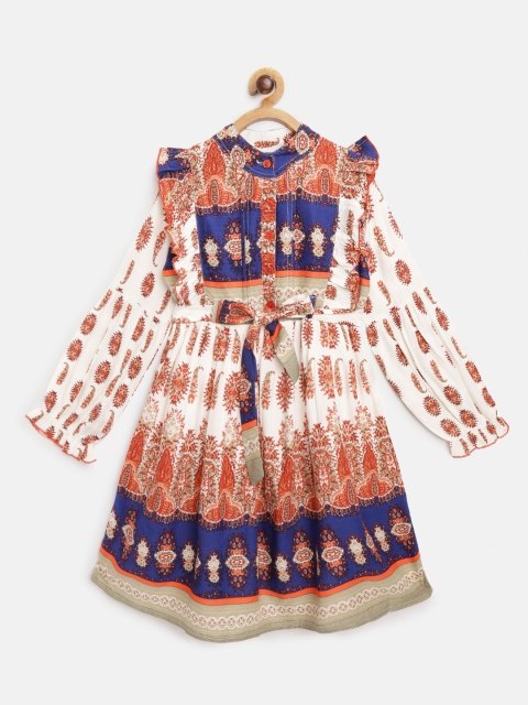 

Bella Moda Girls Off-White & Blue Ethnic Motifs Printed Fit and Flare Dress with Belt
